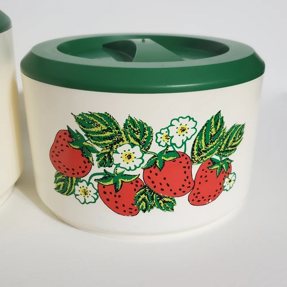 Vintage Sterilite Strawberry Plastic Canisters Organizers Containers Green Lids